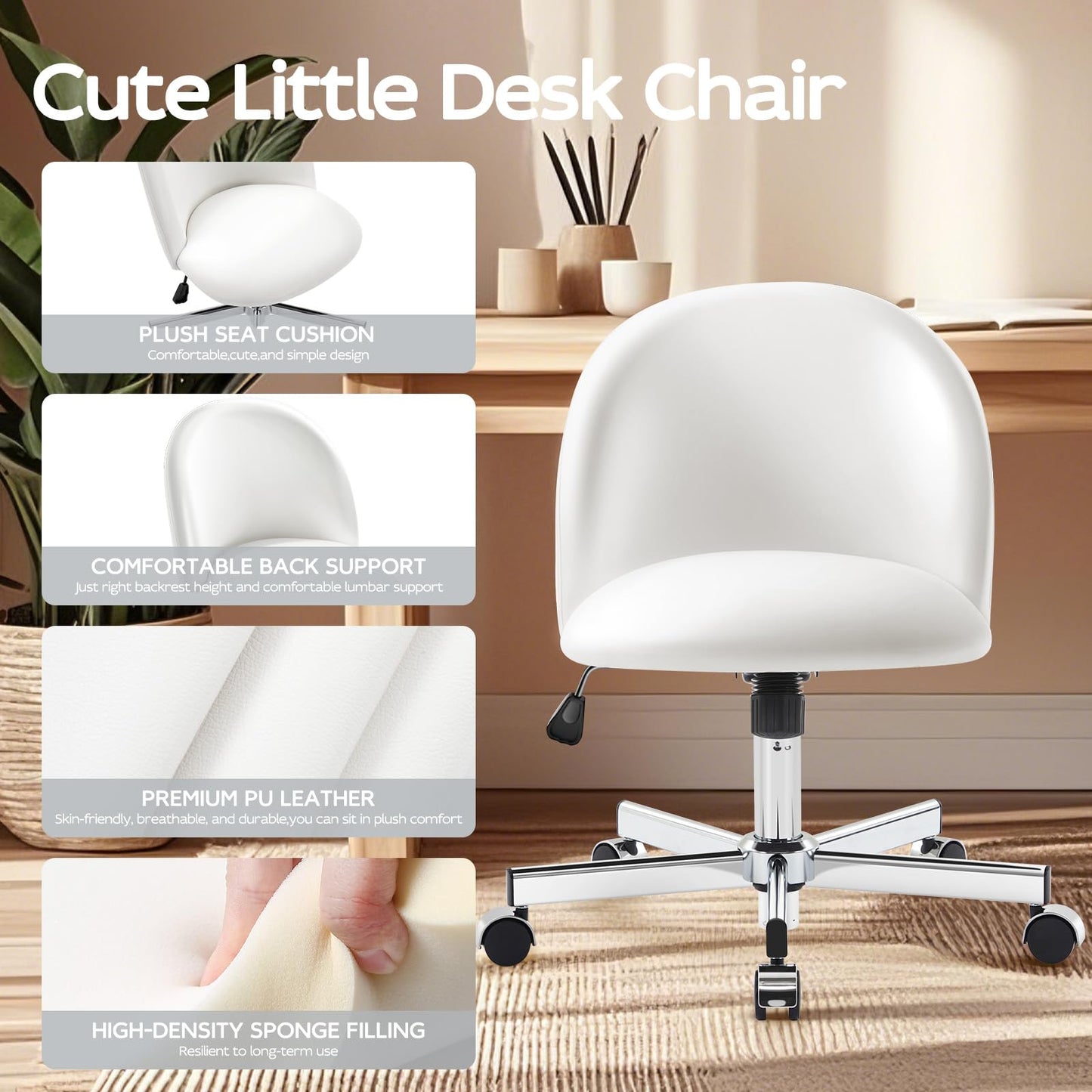 Morkprism Vanity Chair with Back,Armless Desk Chair Cute Small Office Chair,Leather Computer Chair with Adjustable Height,120°Tilting,Rolling,Swivel for Vanity,Kids Room,Office,Bedroom Pearl White