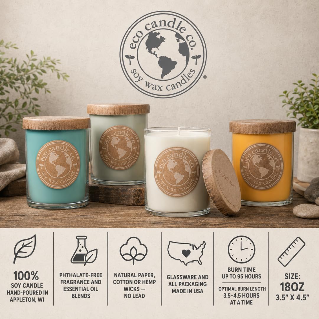 ECO CANDLE CO. Recycled Candle, Seagrass, 18 oz. Double Wick - Scents of Coconut, Jasmine, Eucalyptus, Vetiver, Driftwood, & Seaweed - 100% Soy Wax, No Lead, Kraft Paper Label & Lid, Hand Made