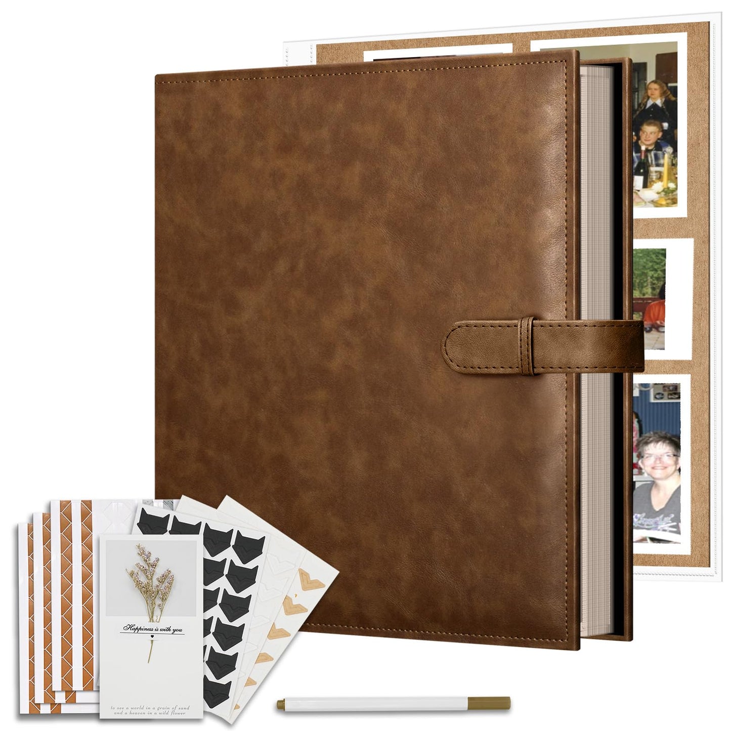 Vienrose 13x11 Inch 3 Ring DIY Scrapbook Album Gift Set, Faux Leather Cover Blank Scrapbooks Photobook with 30 Plastic Sleeves 60 Kraft Pages for Valentine Gift Wedding Family Anniversary DarkBrown