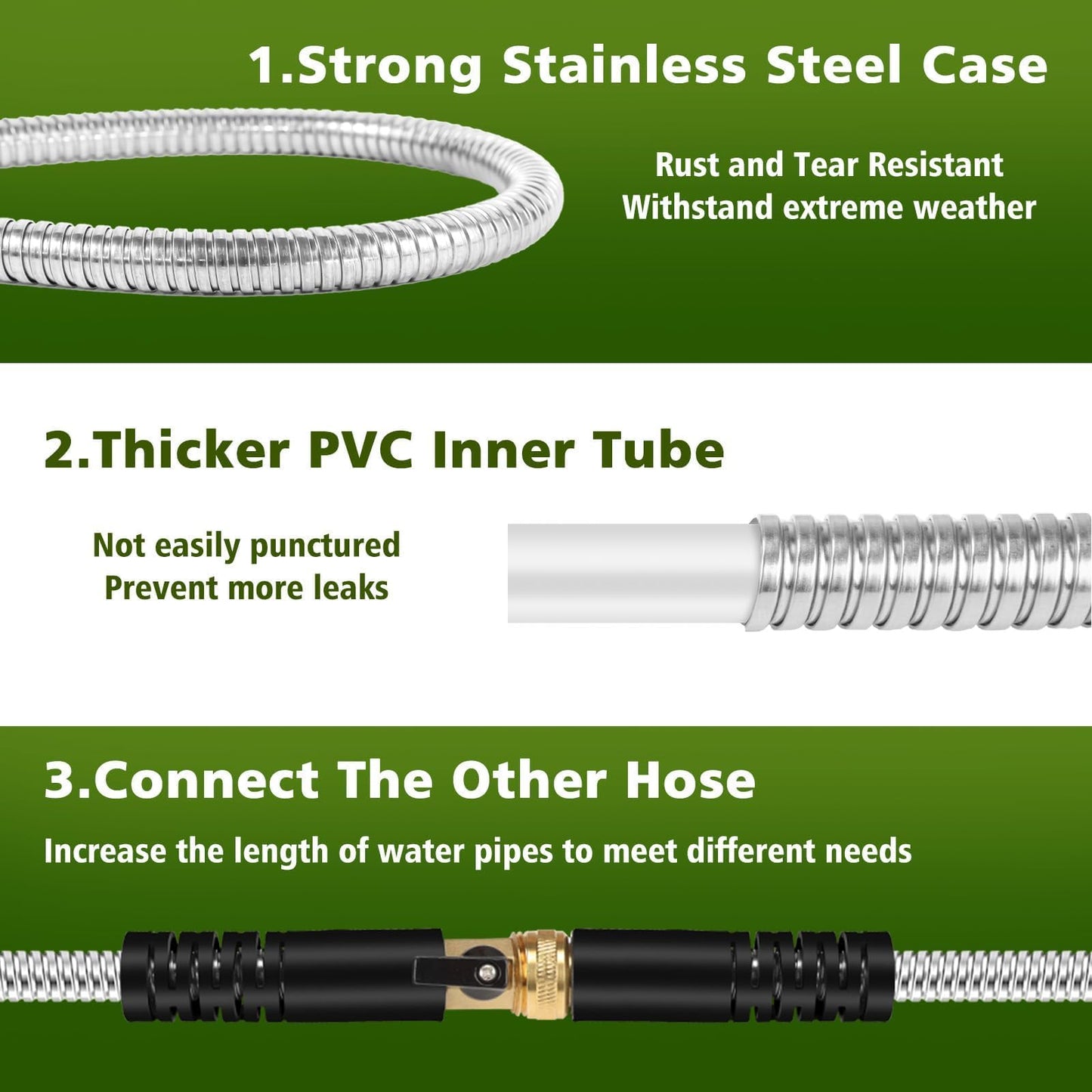 Svansea Metal Garden Hose 25ft Stainless Steel Hose Heavy Duty Flexible Water Hose with 10 Way Spray Nozzle 3/4 Solid Brass Fittings-Outdoor Yard Lightweight No Kink Leak Resistant Water Pipe