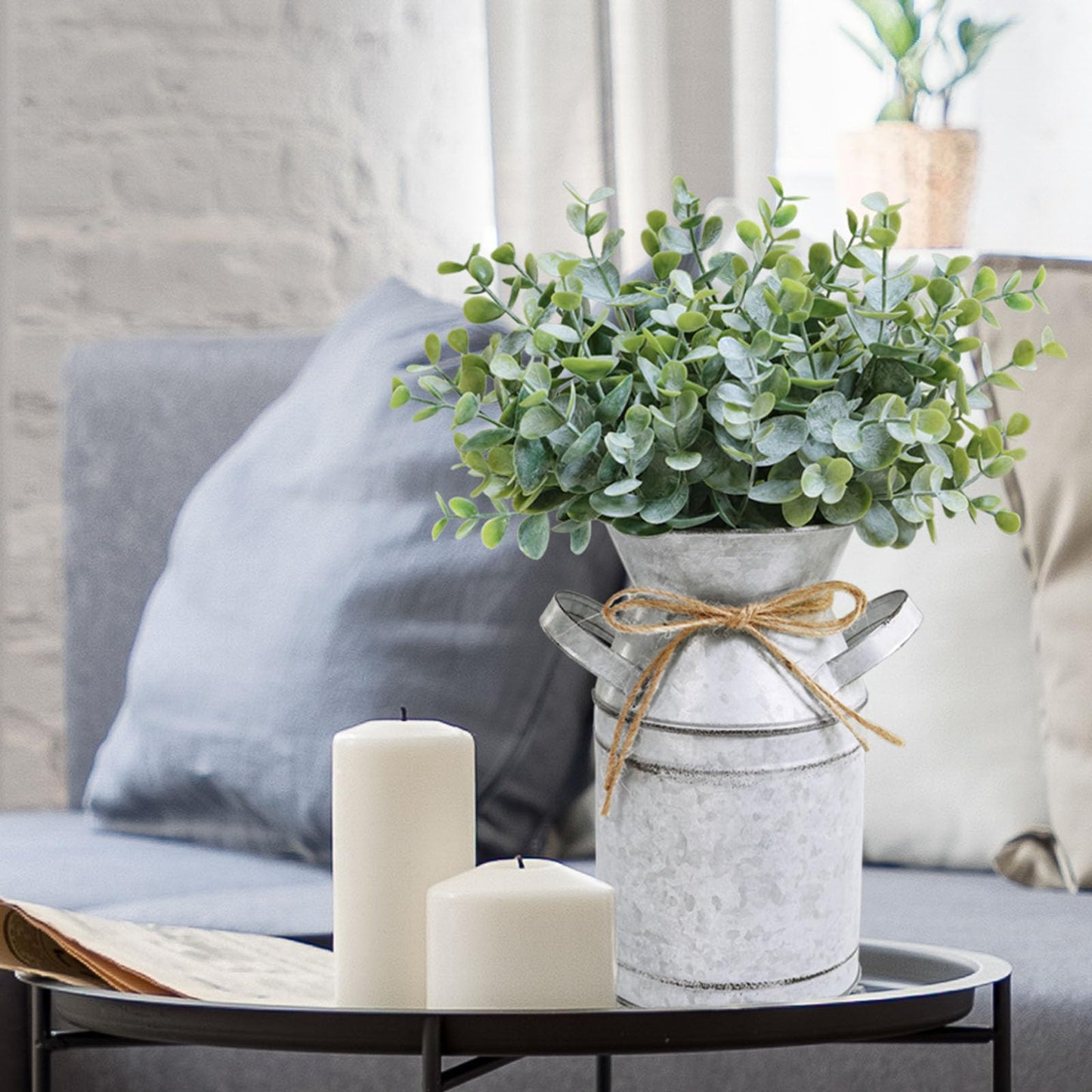 Winlyn Farmhouse Galvanized Metal Milk Can with Artificial Eucalyptus Greenery Arrangement Fake Plants Farmhouse Centerpieces 11.8" Tall for Rustic Country Wedding Home Table Tiered Tray Shelf Décor