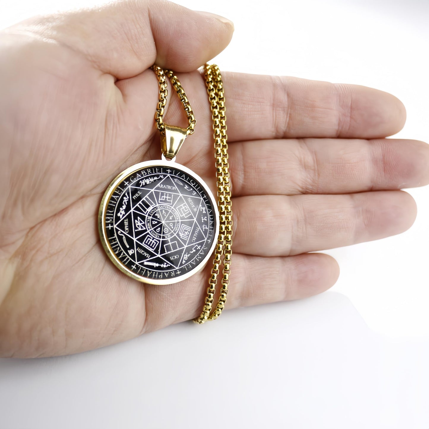 Joddfly Seven Angel Medal Pendant Stainless Steel Glass Solomon Talisman Necklace Guardian Jewelry Men and Women 24 inch Gift Set (golden)