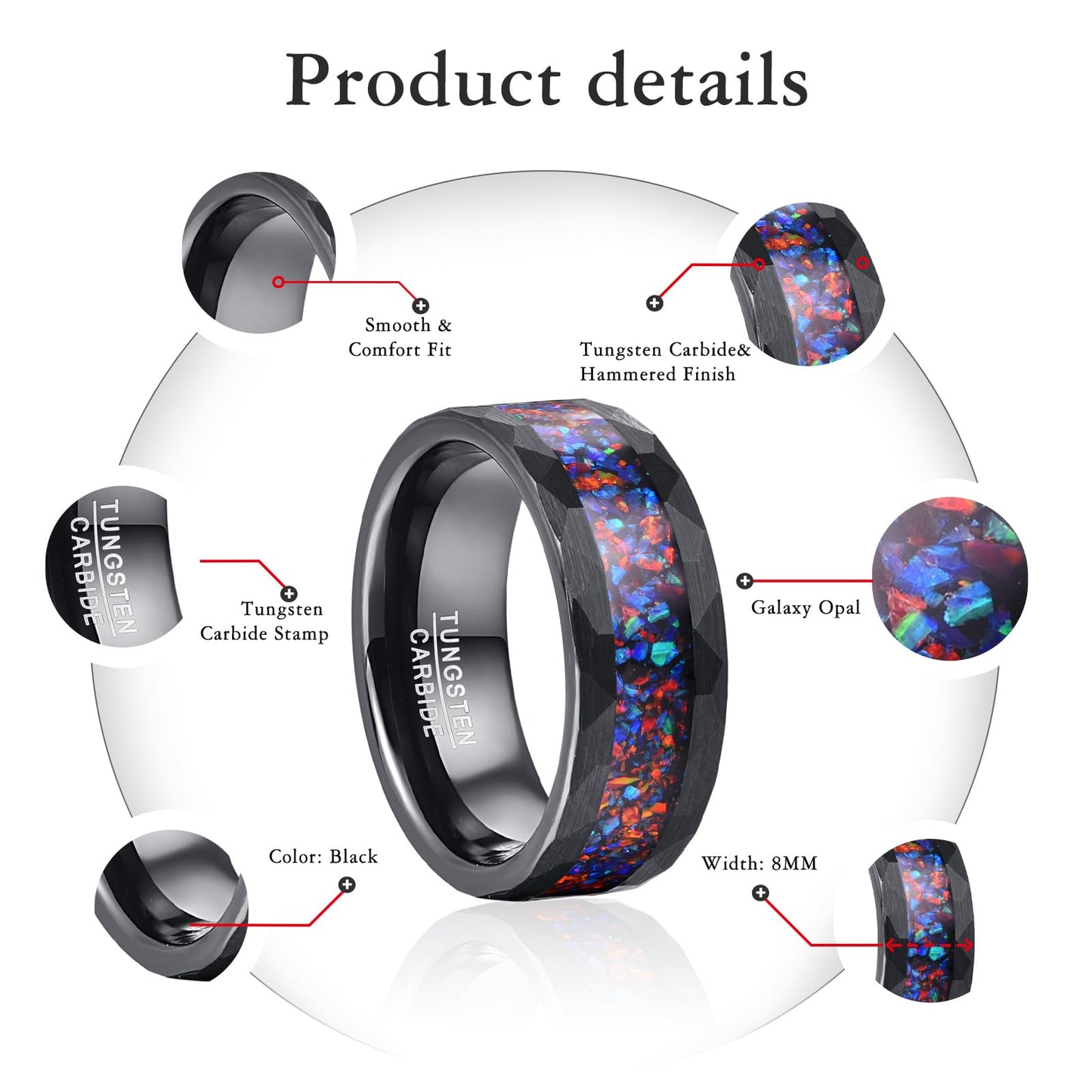 NUNCAD Black Tungsten Rings for Men Women Engagement Wedding Bands Hammered Inlay Galaxy Opal Matte Finish 8mm Comfort Fit Sizes 12