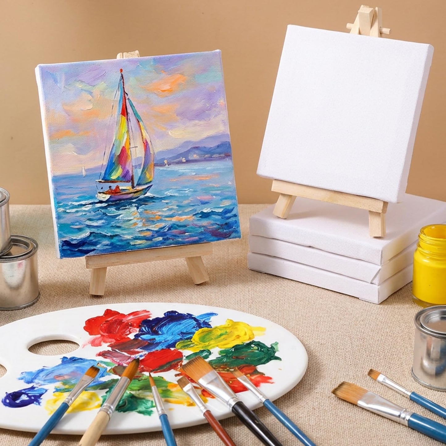 Giloaou 32 Pcs Mini Canvas and Easel Set, 4 x 4 Inch Canvas Panels with 6 Inch Wooden Easels, Art Canvases Painting Kit for Oil Acrylic Painting, Home Decor, Party Favors, Gifts