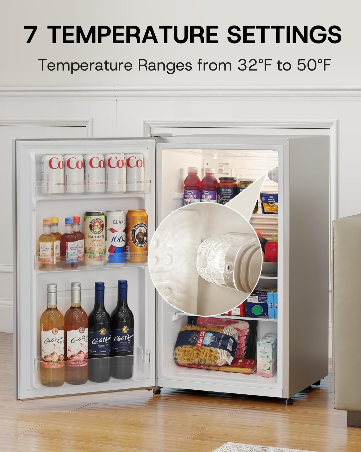 Upstreman 3.2 Cu.Ft All-Refrigerator Mini Fridge, Single Door Small Refrigerator, Dorm Fridge with 7 Adjustable Thermostat, Compact Refrigerator for Office, Bedroom or Dorm, Silver-CR32