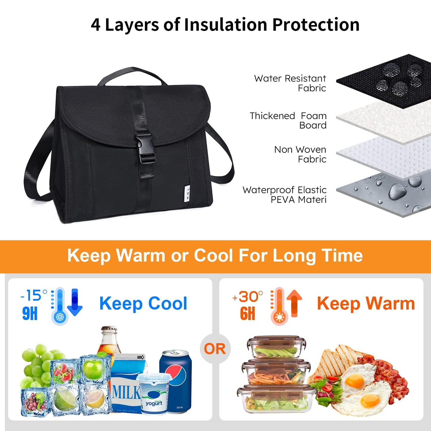 NOL Natural Organic Lifestyle Insulated Lunch Bag for Women/Men, Reusable Nylon Leakproof Lunch Cooler Box, Lunch Tote Bag With Buckle for Work Travel Picnic (Black)