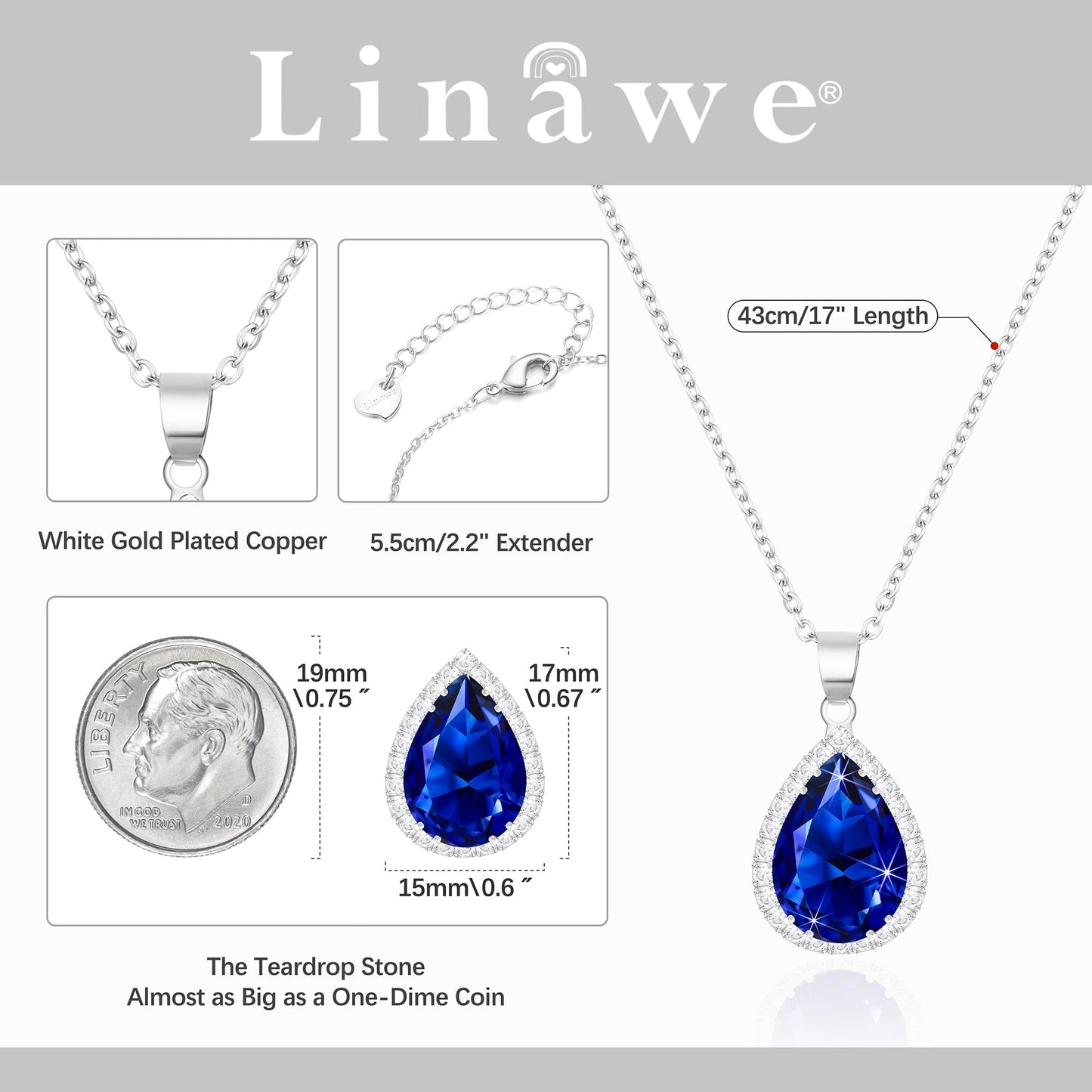 Linawe Sapphire Crystal Navy Blue Imitation Diamond Pendant Silver Necklace for Women Trendy, Cubic Zirconia Rhinestone Moonstone Moissanite Boho Wedding Jewelry Set