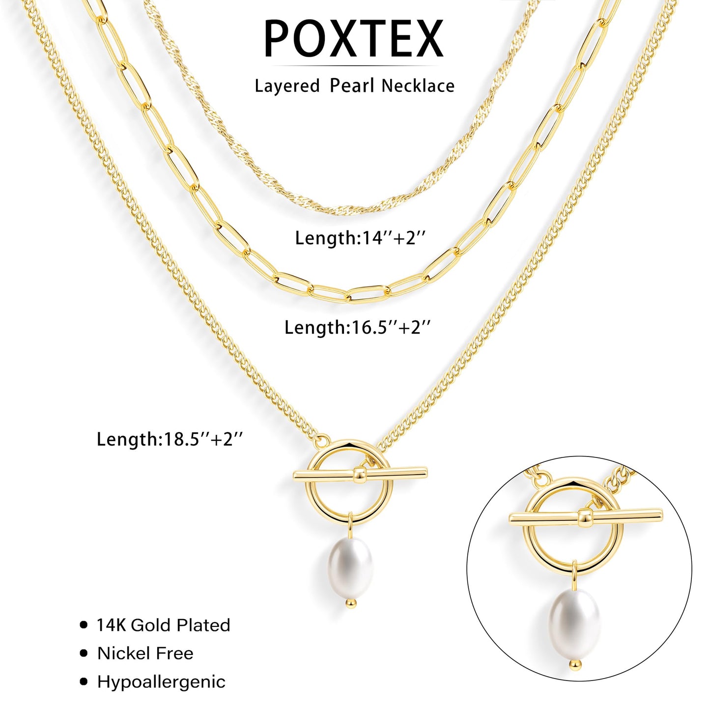 Layered Gold Pearl Pendant Toggle Necklaces for Women Dainty 14K Gold Plated Stack Trendy Choker Paperclip Necklace Simple Toggle Pearl Chain Twist Rope Chain Jewelry Set Gifts for Women