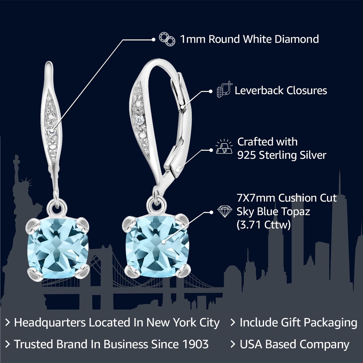 Gem Stone King Drop Dangle Earrings For Women | 7MM Cushion Cut Gemstone Birthstone and Diamond | 925 Sterling Silver | Jewelry Gift for Mom Wife Her | Sky Blue Topaz-November | Sterling Silver
