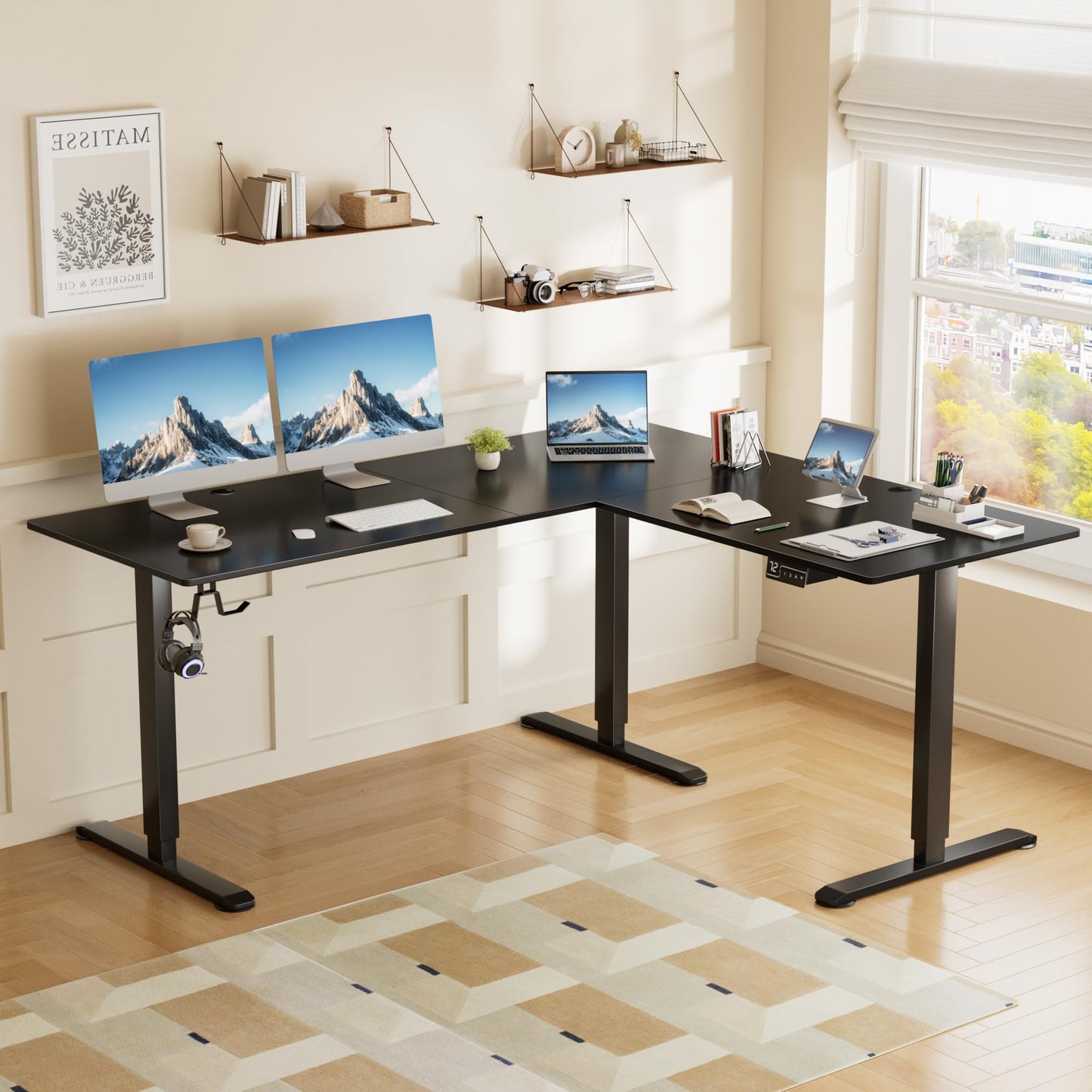 Shahoo L-Shaped Corner Standing Desk, Electric Height Adjustable Table, Home Office Workstation, 63 x 55 Inch, Black