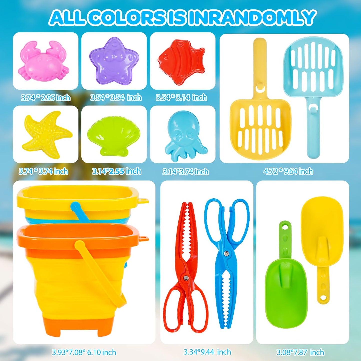 Beach Sand Toys for Kids 4-8 with Collapsible Buckets Sand Molds Mesh Shovels and Shell Bags Sand Tool Shell Shark Teeth Collecting, Beach Travel Essential Outdoor Sandbox Toy for Toddler 3 4 5 6