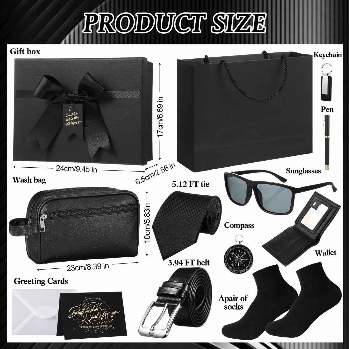 Geyoga 12 Pcs Men Father's Day Birthdays Gift Set with Box for Men Dad Basket PU Leather Wallet Leather Toiletry Bag Tie Socks Belt Keychain Sunglasses Pen Compass Set(Black)