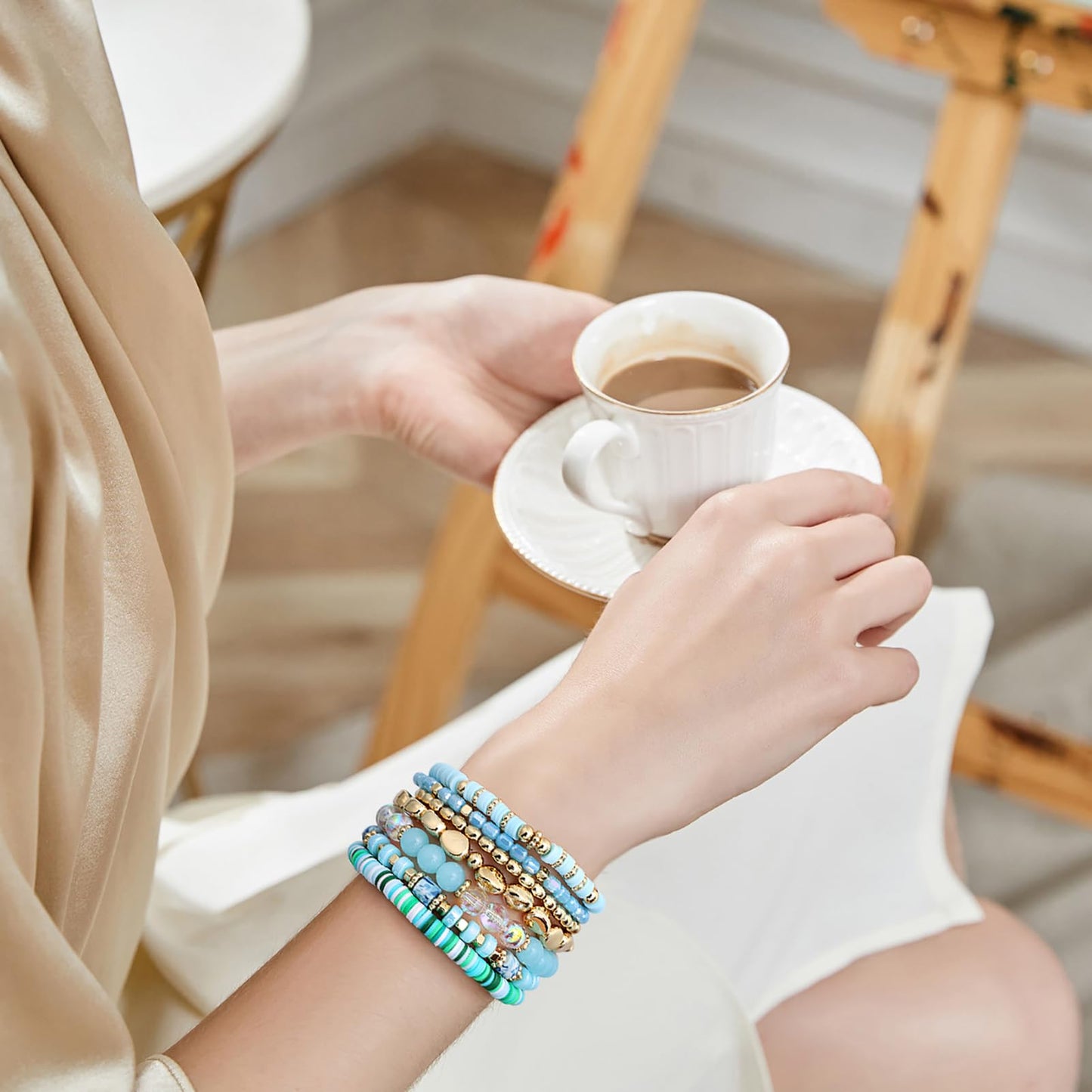 GOOJIDS Surfer Heishi Clay Bead Bracelets for Women Bohemian Stackable Gold Plated Beaded Stretch Bracelets Elastic Layering Friendship Bracelets Set Boho Jewelry