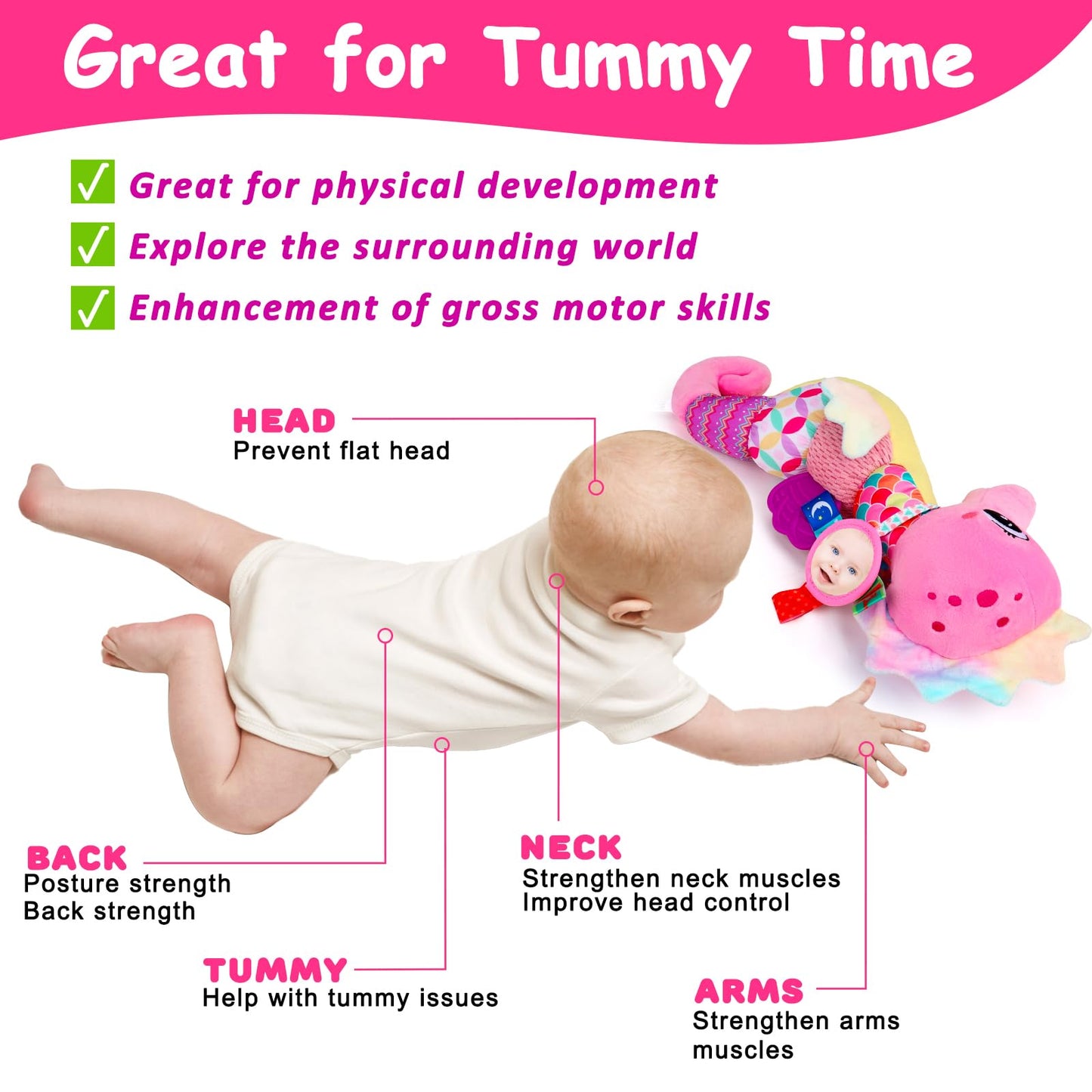 Baby Sensory Toys 0-6 3-6 Months Musical Stuffed Animal Plush Pink Seahorse for Infant 6-12 Month Tummy Time with Baby Mirror Newborn Crinkle Developmental Toy Girls Boys Birthday Gifts 0-3 4 5 Month