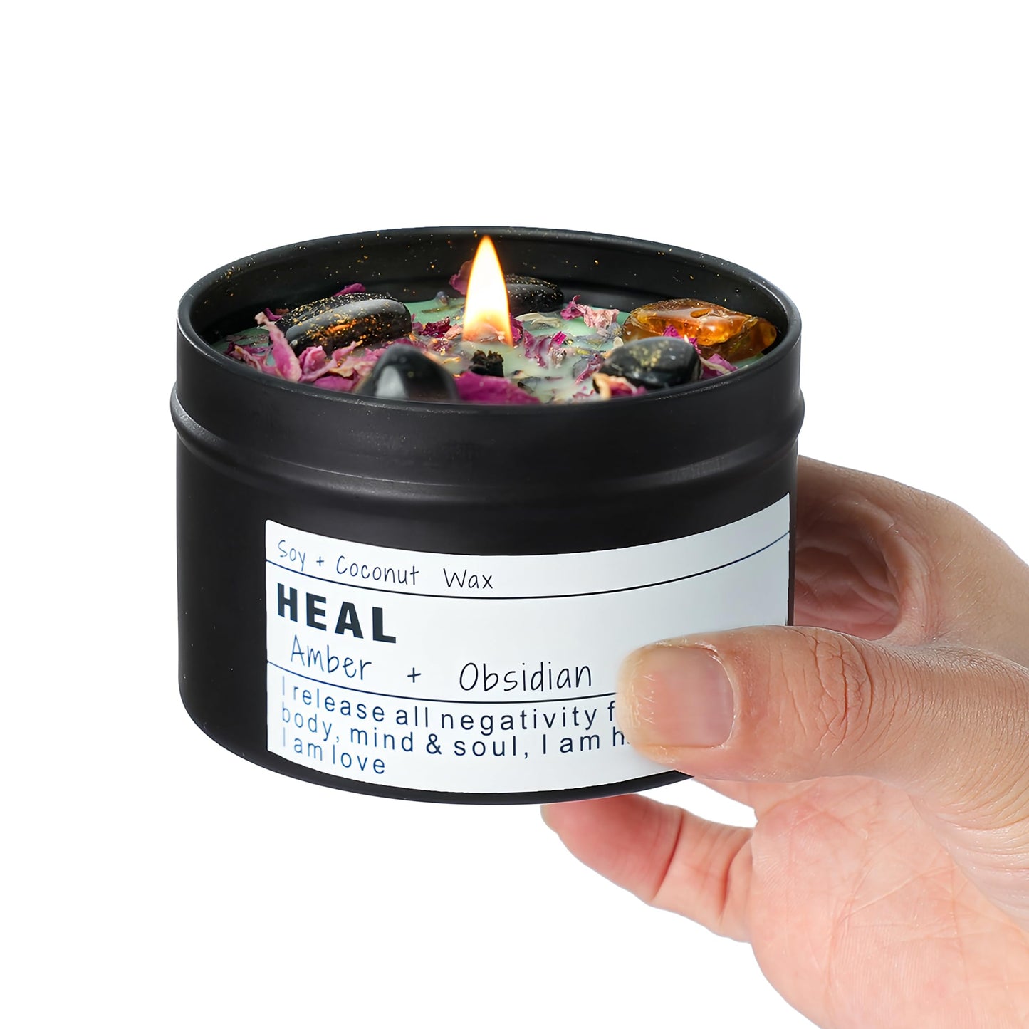 Obsidian Crystal Energy Candle, Good Aura Health Protection, Baltic Amber Chakra Magic Self-Care, Emotional Support, Encouragement and Affirmation Gift.(HEAL)