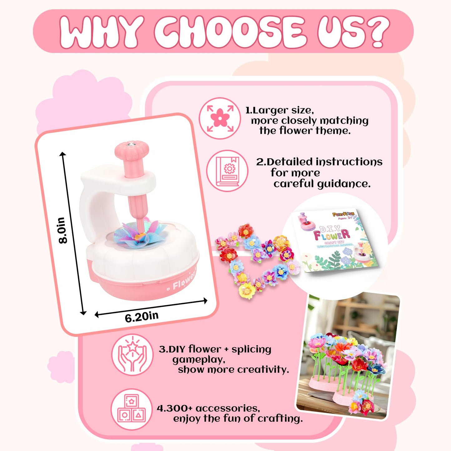 PERRYHOME Fabric Flower Bouquets Toys, 300+ Pcs Birthday Gift Activity Kit, 2 Gameplays STEM Craft for Kids, Reusable DIY Bouquets Maker Mothers Day Gifts for 3 4 5 6 7 8 Years Toddler Girl Gift