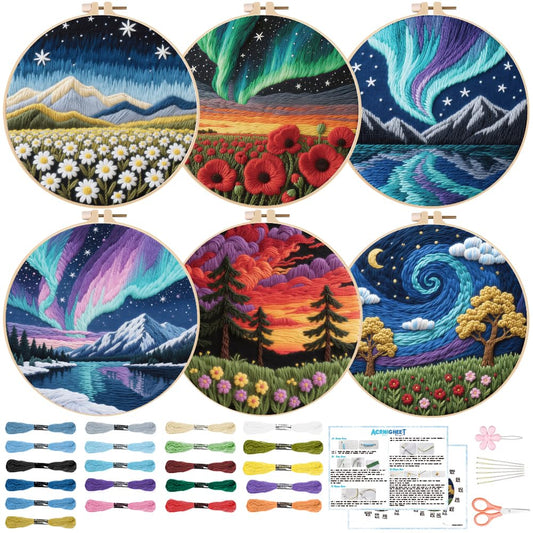 ACRNIGHEET 6Pcs Embroidery Kit for Beginners Adults, Complete Cross Stitch Kits, Landscape Embroidery Kit for Home Decor and DIY Craft Projects, Great Gift for Embroidery Lovers