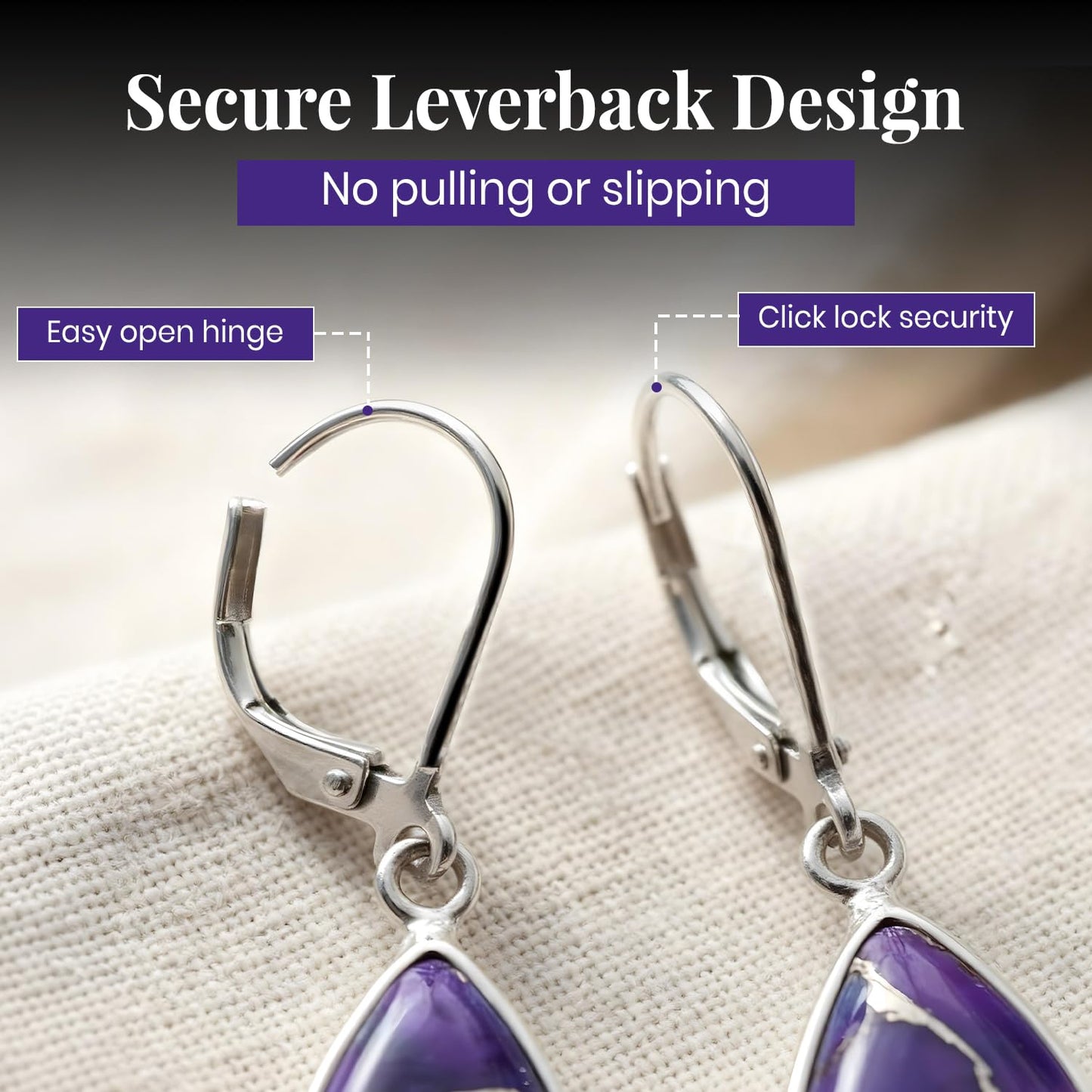 TISHAVI Natural Purple Copper Turquoise Earrings for Women - Purple Stone December Birthstone Sterling Silver Plated Jewelry