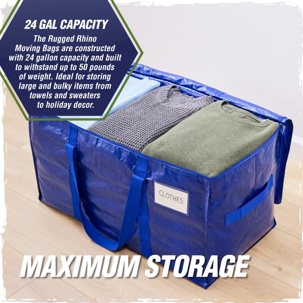 RUGGED RHINO 4 Pack Heavy Duty Extra Large Blue Moving Bags, Durable Bag with Strong Handles and Zipper, Moving Boxes Alternative for College Packing, Holiday Décor, Space Saving Storage with Label