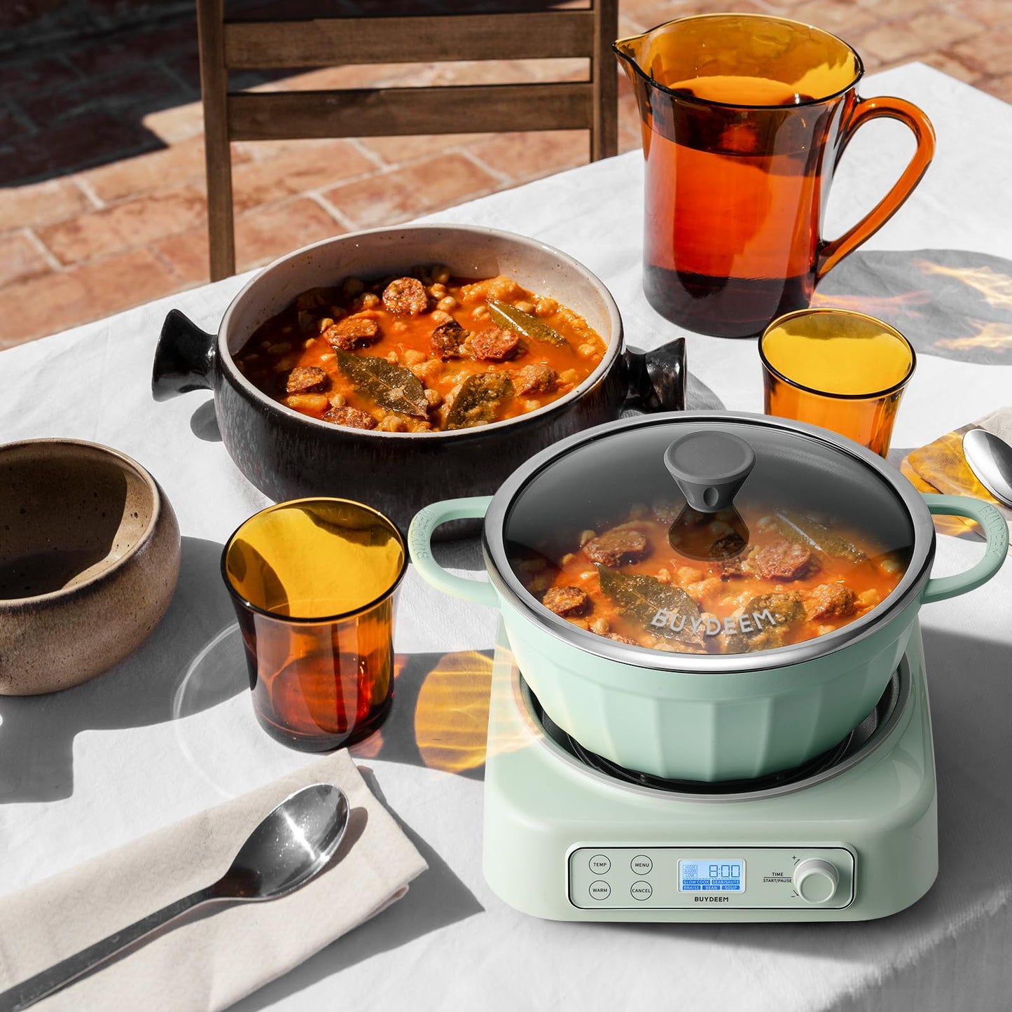 BUYDEEM 5-in-1 Slow Cooker 4.7QT with Removable Nonstick Stockpot, Compatible with Various Cookwares, Two Temperature Controls, Customized Time Settings, Auto Keep Warm for 2H, Cozy Greenish