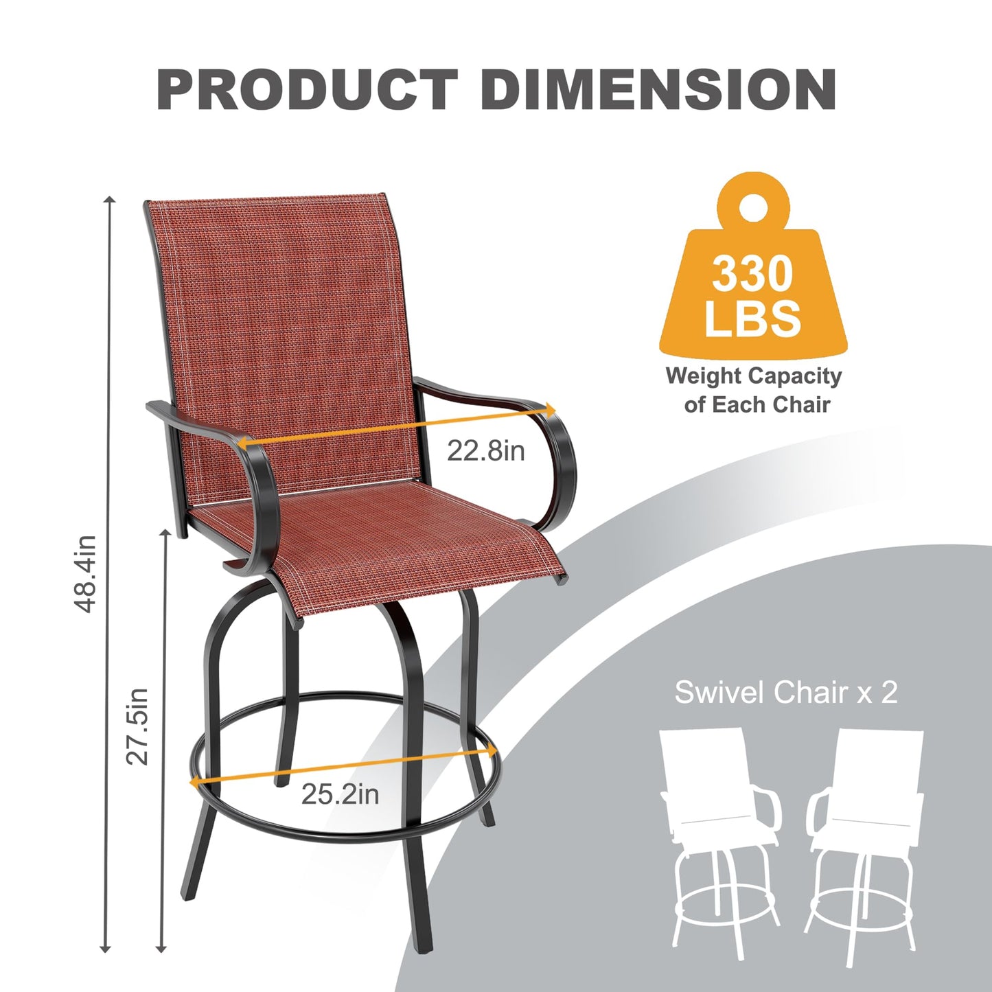 Outdoor Swivel Bar Stools Set of 2, Bar Height Patio Chairs with High Back & Armrest, All-Weather Textilene Fabric 360° Swivel Tall Barstools for Patio, Deck, Backyard, Garden