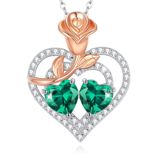AGVANA May Birthstone Jewelry Emerald Necklace Sterling Silver Rose Flower Heart Double Birthstone Pendant Necklace Anniversary Birthday Gifts for Women Mom Wife Lady Her