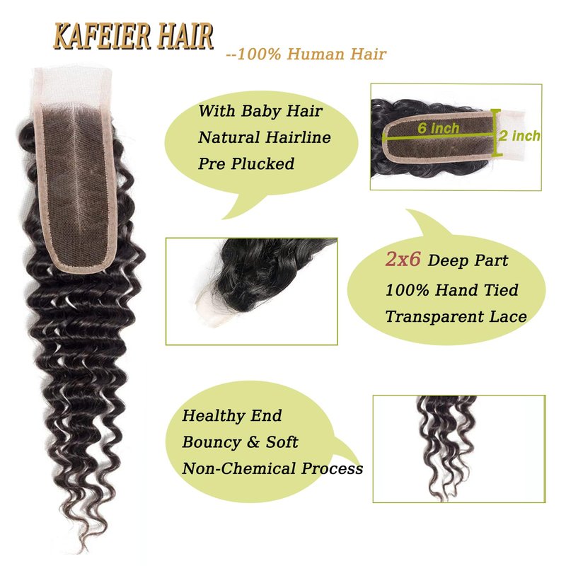Deep Wave Closure 2x6 Human Hair Swiss Lace-Closure Deep Wave Brazilian Remy Human Hair Wavy 2 By 6 Closure With Baby Hair 14 Inch