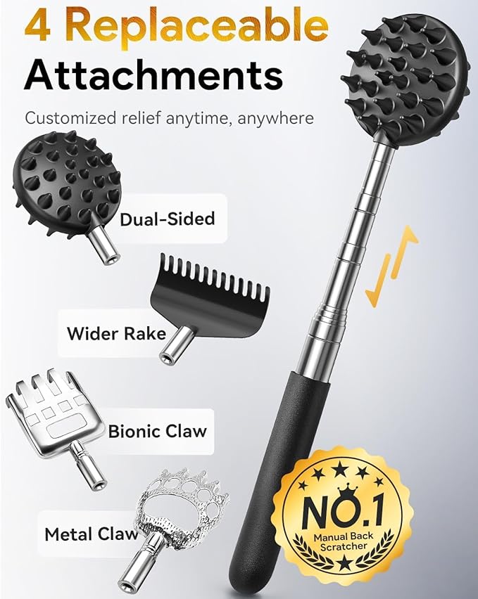 TUKUOS Telescoping Back Scratcher with 5Pcs Detachable Heads, Valentines Day Gifts for Him Men, Larger Scratching Tips, Anniversary Birthday Gifts for Men Women Back Scratcher for Men/Dad/Women/Adults