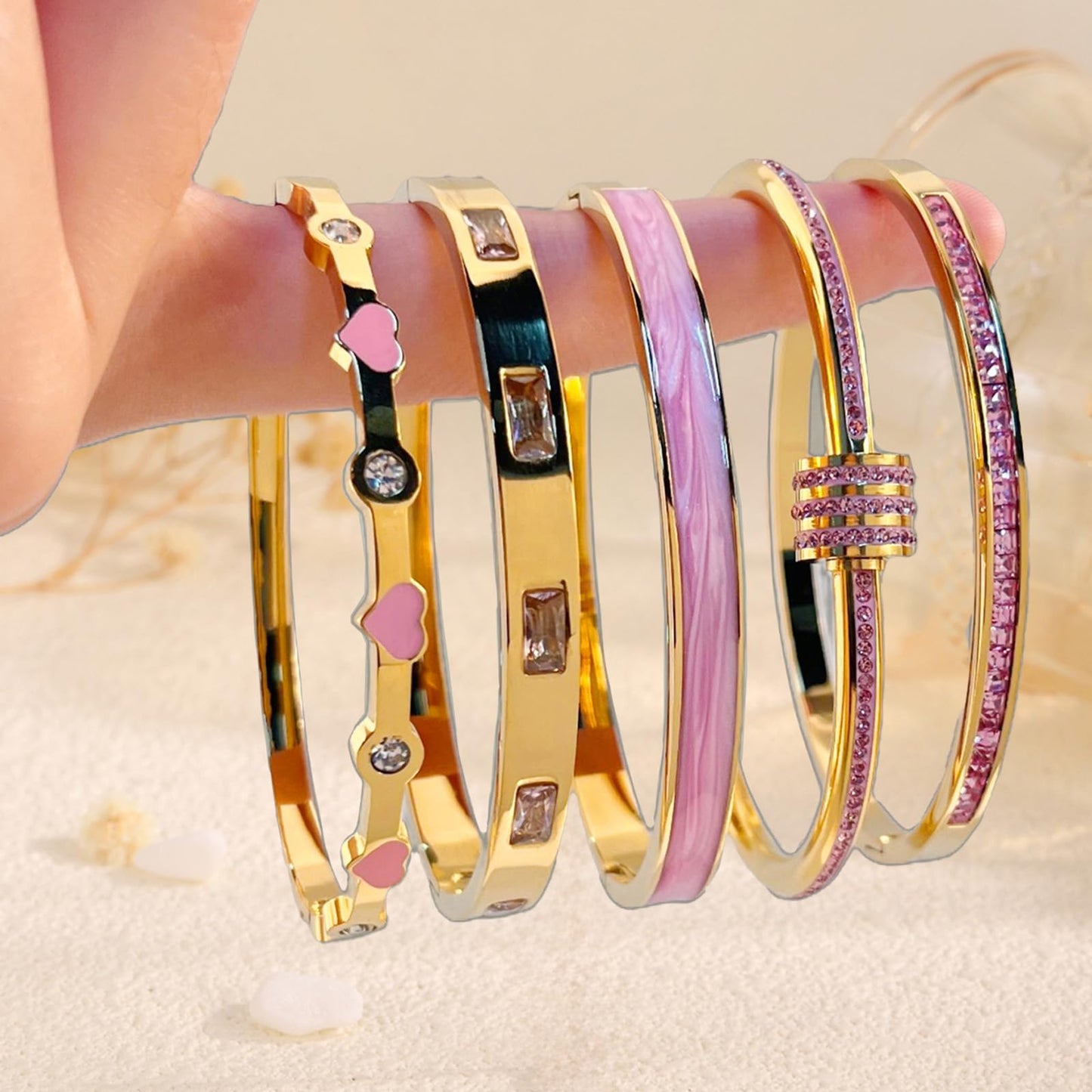 Camhanno 18K Gold Plated Stainless Steel 5-Piece Gold Bangle Bracelet Set for Women - Pink Crystal Friendship & Love Heart Design, Stackable Bangles Jewelry - Ideal Birthday Gift for Women (Pink)