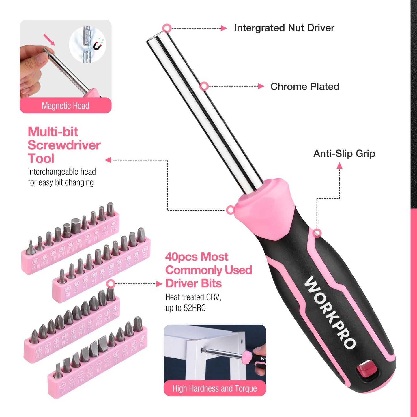 WORKPRO Pink Tool Set, 277 PCS Home Repairing Tool Kit, Pink Tool Bag with 13-Inch Wide Mouth Open Storage Bag, Portable Home Tool Kit Including Hammer, Screwdriver, and Household Tools - Pink Ribbon
