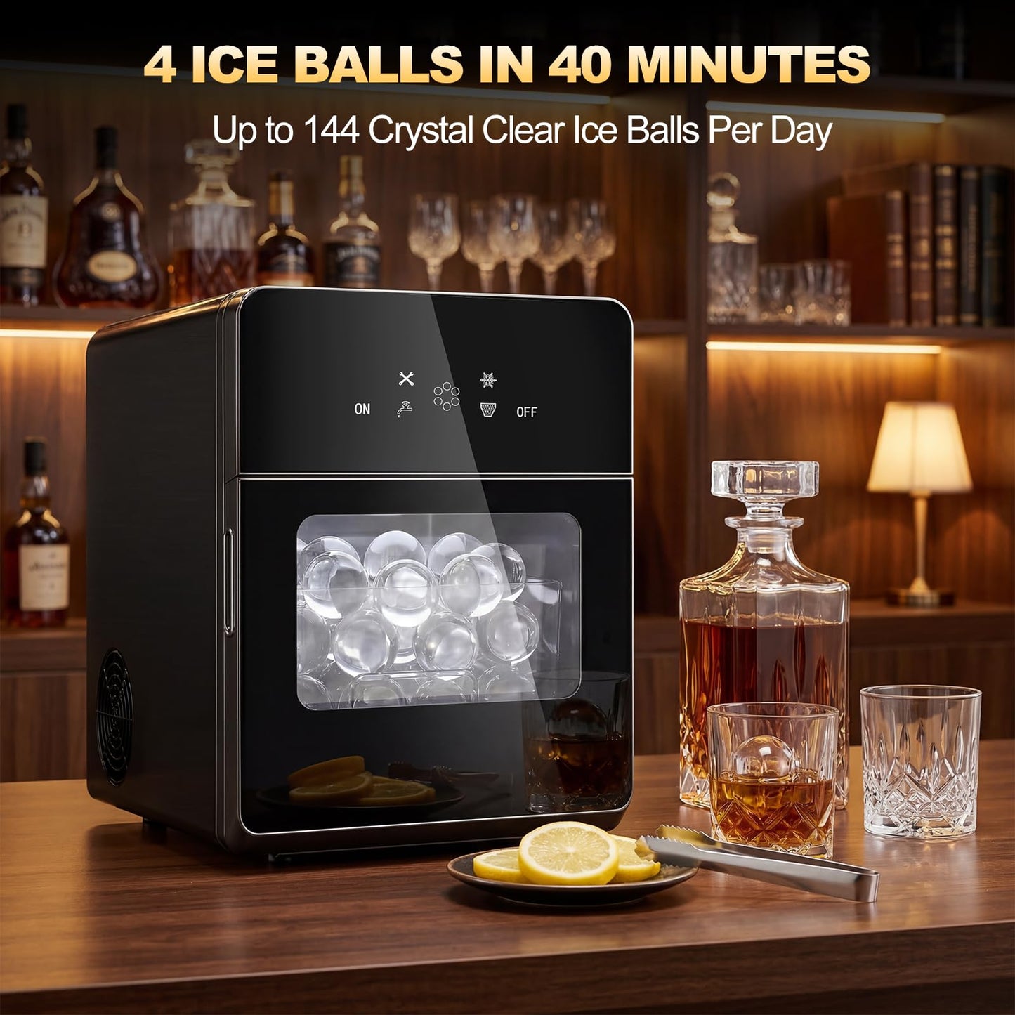 SOZT® 2" Ice Ball Maker Countertop, 4Pcs Ready in 40Mins, 144Pcs/Day, Sphere Ice Maker Machine with Self-Cleaning, Auto & Manual Fill, Round Ice Cube Maker for Home Bar Whiskey Bourbon
