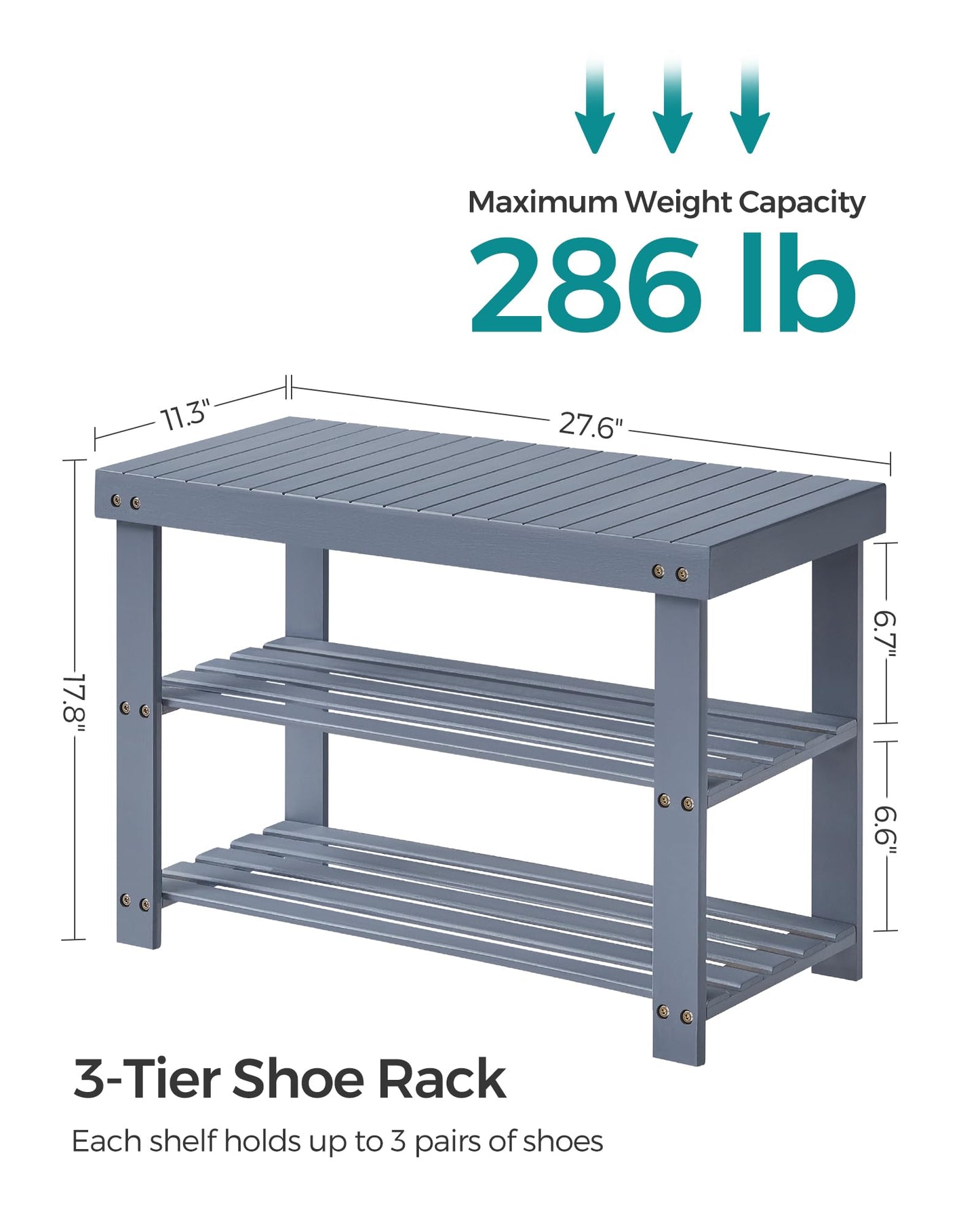 SONGMICS Shoe Rack Bench, 3-Tier Bamboo Shoe Storage Organizer, Entryway Bench, Holds Up to 286 lb, 11.3 x 27.6 x 17.8 Inches, for Entryway Bathroom Bedroom, Grey ULBS04GY