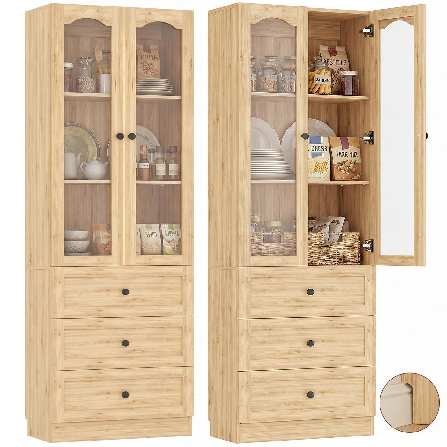 Cyclysio 80" Tall Pantry Cabinet for Kitchen Storage, Natural Oak Pantry Cabinet with Glass Doors & 3 Drawers - Freestanding Storage Bookcase with Built-in Baseboard Notch for Dining, Living Room