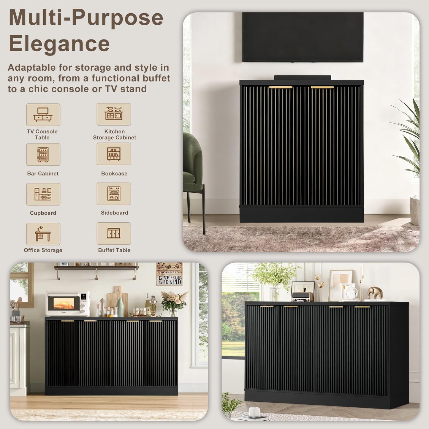 GORZING Fluted Buffet Sideboard Cabinet with Storage - Modern Accent Credenza Console Table with Adjustable Shelves for Kitchen, Dining Room, Living Room, Entryway (Black, Fluted 2 Door)