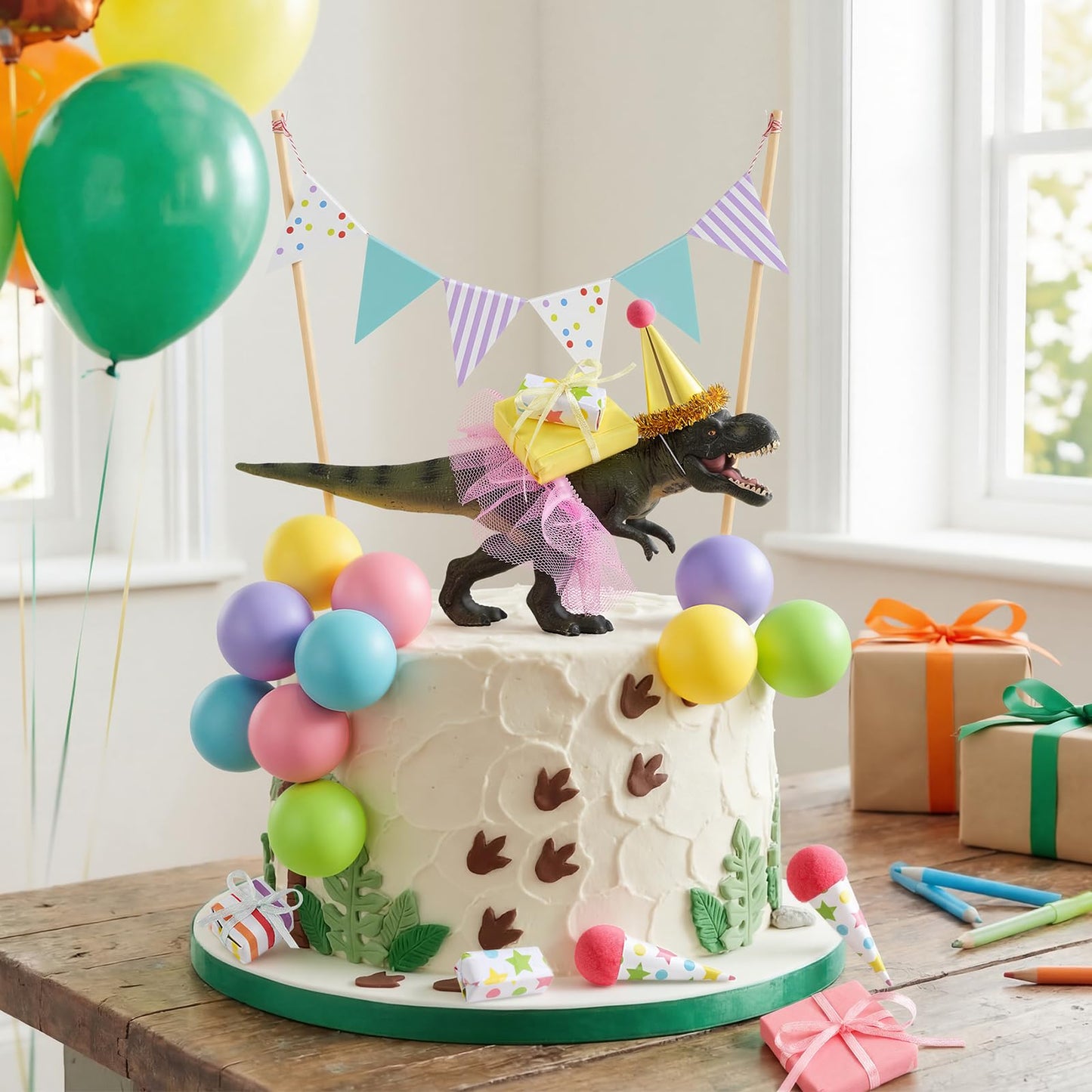 Weysat 19 Pcs Dinosaur Cake Toppers Decorations Set Mini Birthday Hat Skirt Triangle Flag Banner Decor Balls andIce Cream Cone Cake Topper for Dinosaur Theme Birthday Gender Reveal Party Decorations