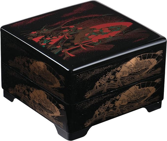IPPINKA Japanese Traditional Jyubako Bento Box, Made in Japan, Gold Fan, 8.4 x 8.4 x 5.9