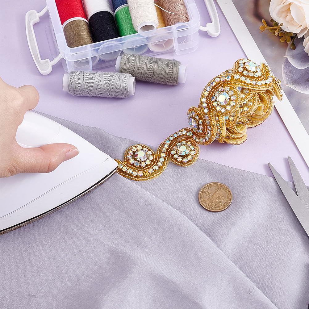 HOBBIESAY 1Yard Golden Rhinestone Applique Trim Hot Fix Ribbon Trim for Woman Wedding Crystal Applique Ribbon for Costume Accessories for Woman Hat Jeans Dress Bag