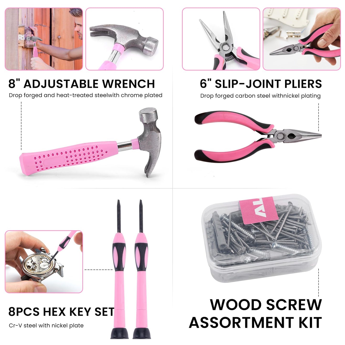 ALATIN Pink Tool Set for Women, 136 PCS Household Tool Kit with 3.6V USB Electric Screwdriver, Cordless Lithium-ion Drill Driver, Home Improvement Hand Tools for DIY Projects