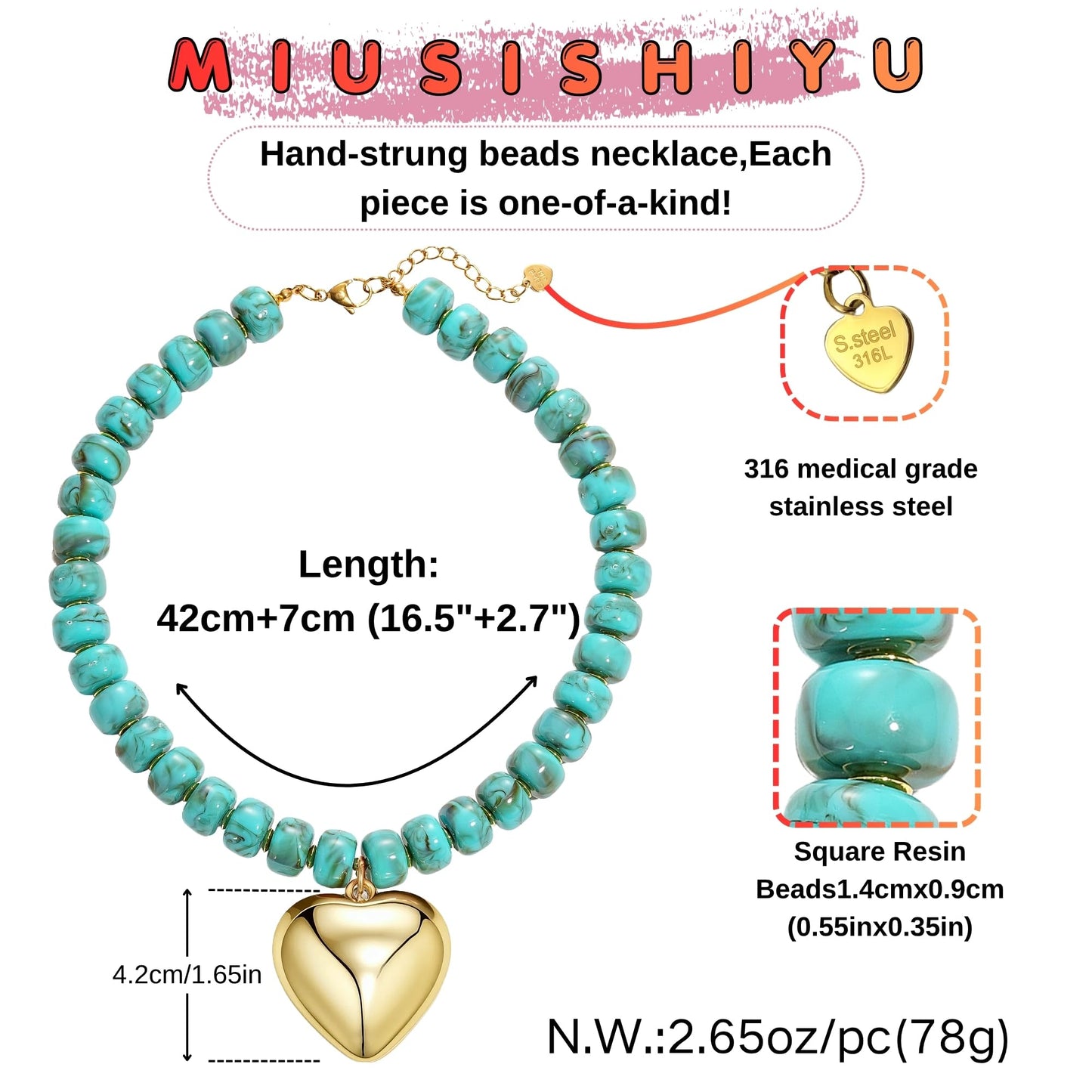 MIUSISHIYU Turquoise Blue Faux Stone Resin Chunky Necklaces for Women, Trendy Beaded Puffy Gold Heart Pendant Statement Choker, Lightweight Boho Y2K Summer Beach Jewelry
