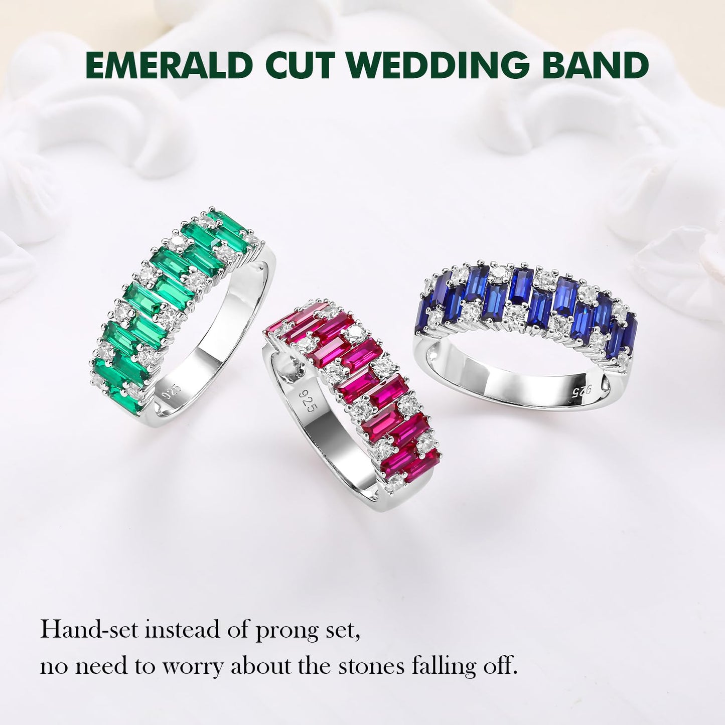 RANDES Emerald Baguette Ring 925 Sterling Silver Band Rings for Women Men Emerald Cut Wedding Band Green Stone Ring Size 7