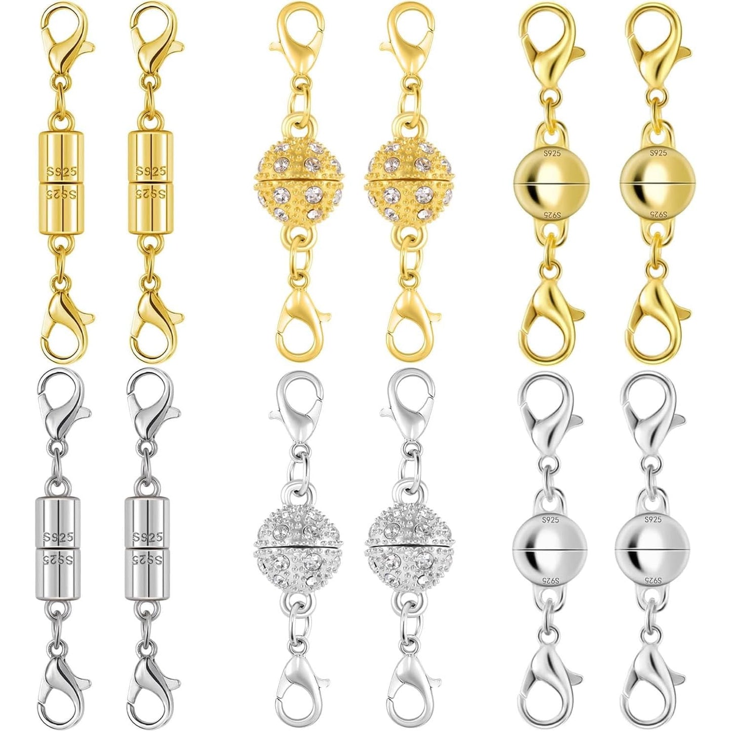 Magnetic Necklace Clasps, 18K Gold and Silver, Crystal Rhinestone Ball Connector with Lobster Clasp, Jewelry Extender for Necklaces, Bracelets (12pcs Golden Silvery)