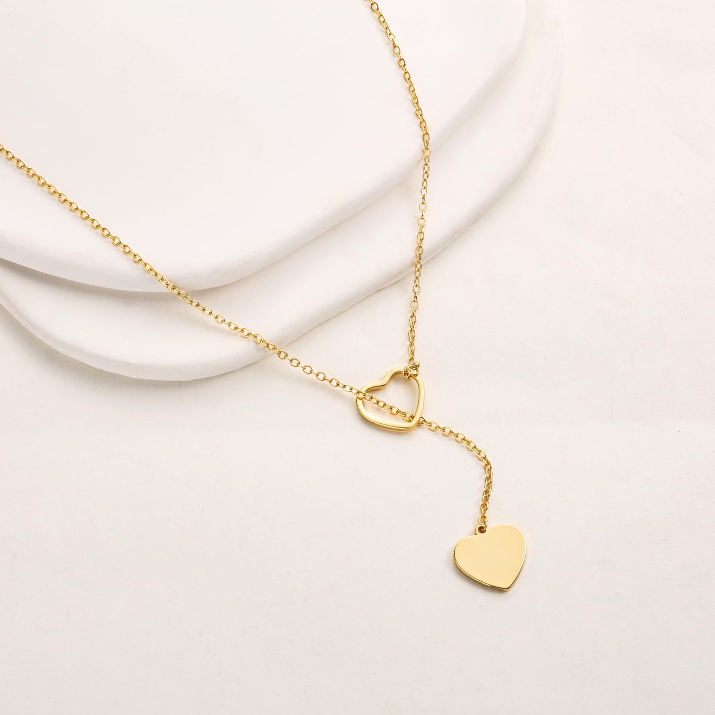 Tewiky Heart Lariat Necklace, 14k Gold Plated, Women's Fashion Jewelry, Gold Heart Pendant, 16 Inch Chain, Perfect for Parties, Weddings, Graduations