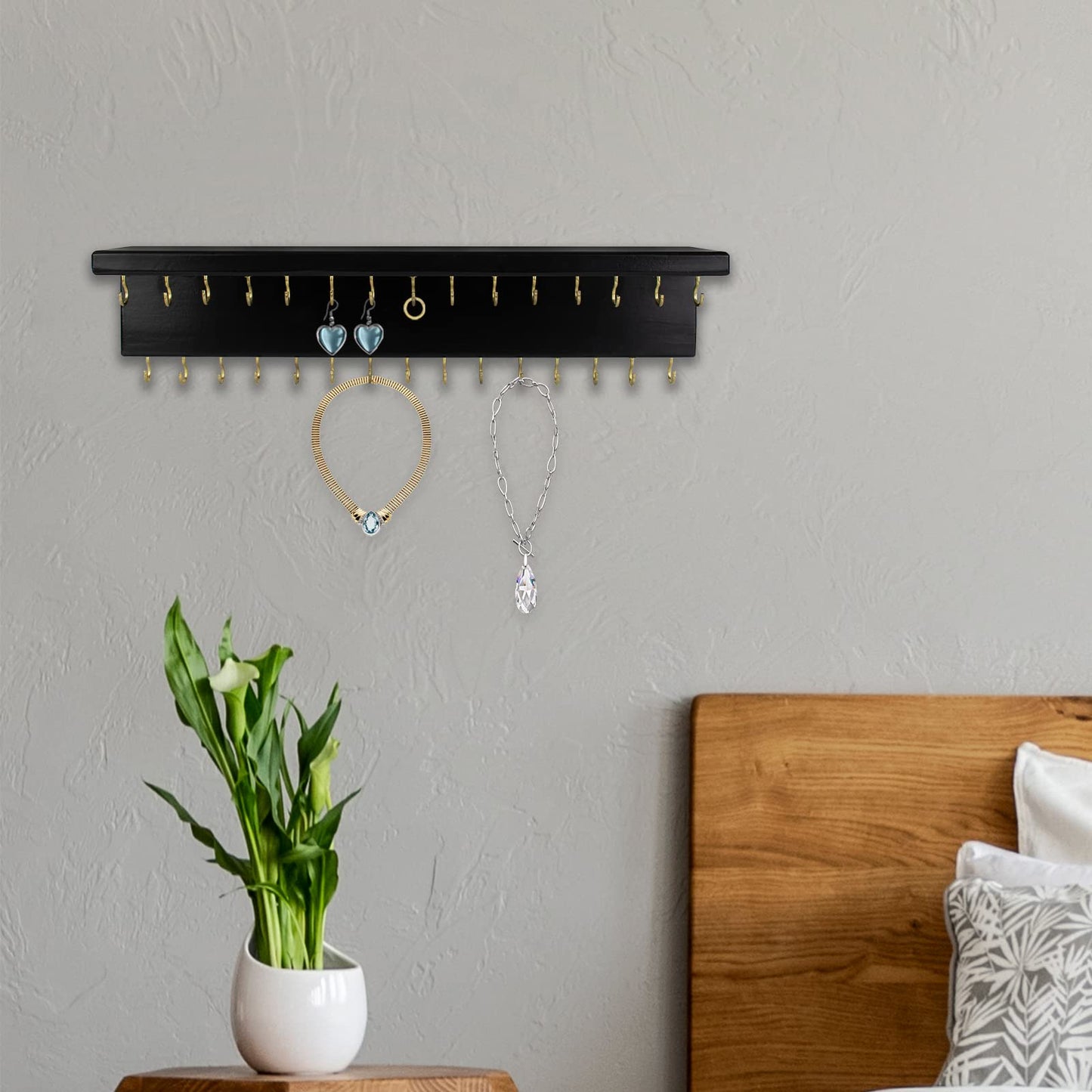 SANY DAYO HOME Black Necklace Holder Jewelry Organizer with 30 Hooks, 15 x 3 x 4 inches Wall Mount Rustic Pine Wood Shelf for Necklace, Hair Bow Storage