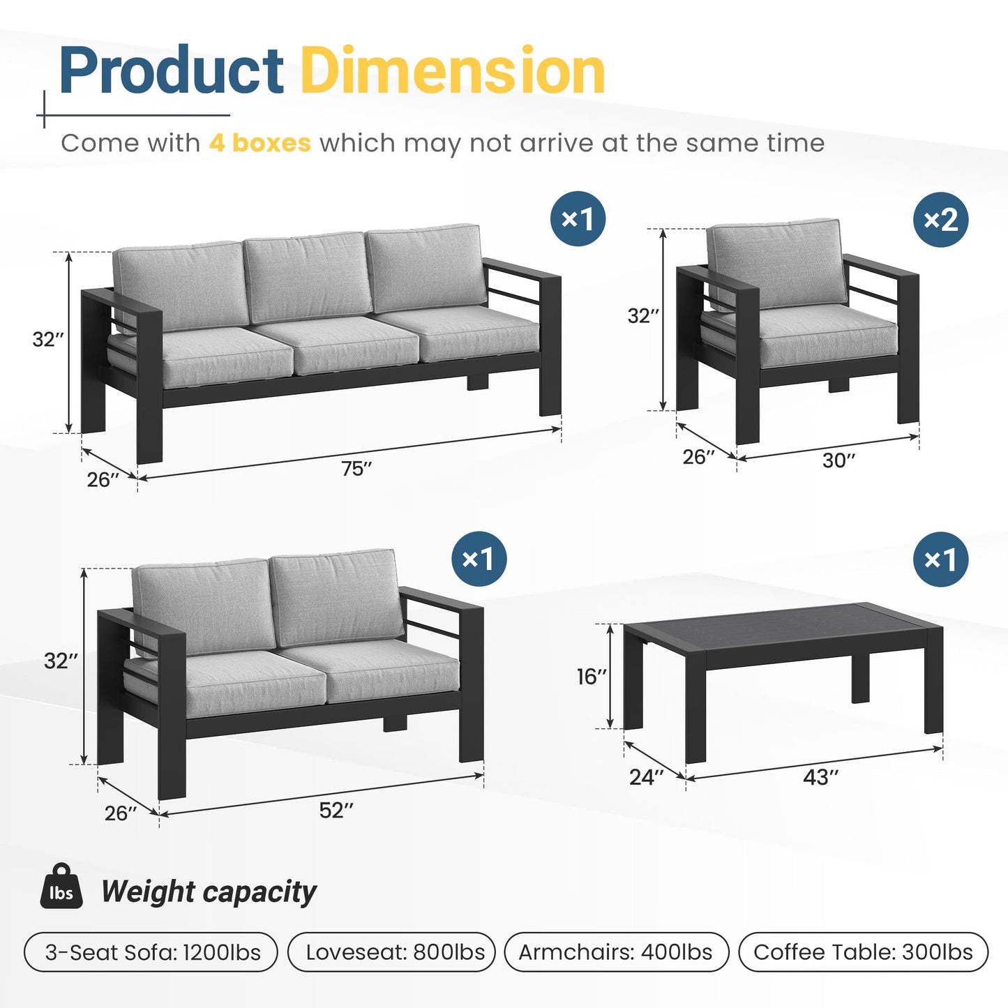 Solaste Aluminum Outdoor Patio Furniture Set, 7 Seats Patio Sectional Sofa with 5" Thick Cushion, Outdoor Patio Set with Coffee Table for Porch, Backyard, Deck, Yard, Light Grey