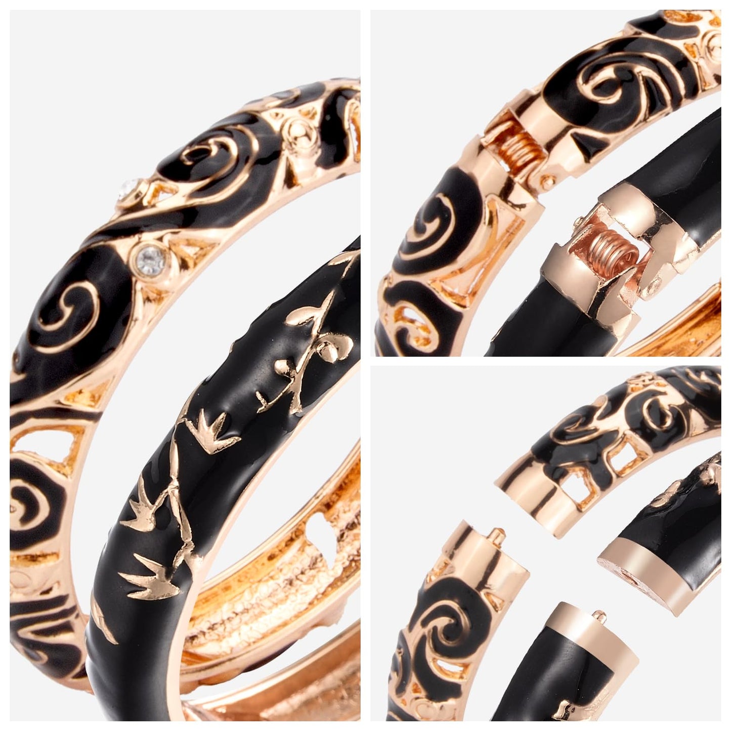 UJOY Vintage Cloisonne Jewelry Bracelet Plated Handmade Bead Rhinestones Enamel Spring Cuff Bangles 2 Pcs Set for Womens Gift 88A17-55A117 Black