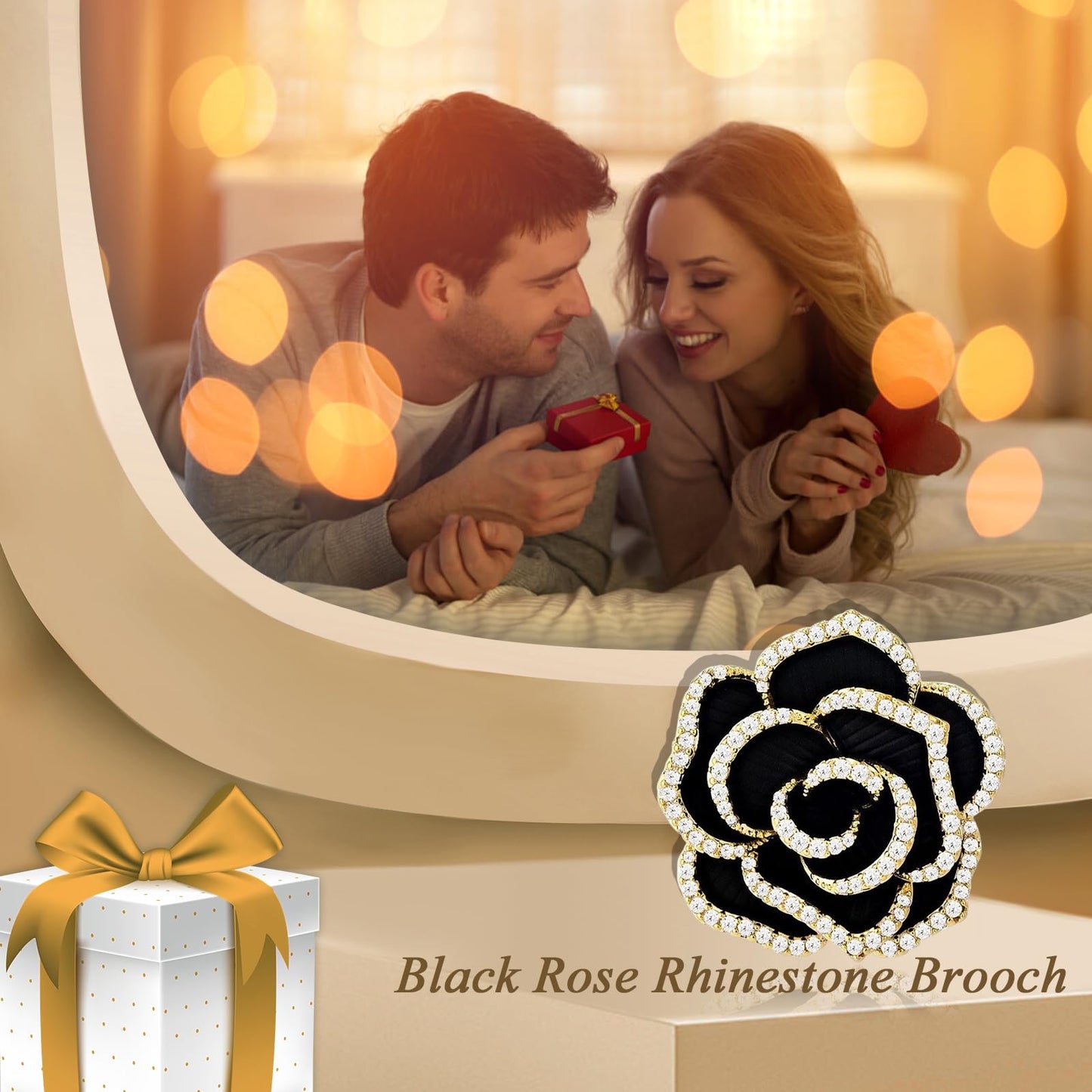 EMEGCY Black Rose Brooches for Women Rhinestone Rose Brooch Pins Gold Flower Pin 18K Gold-plated Flower Lapel Pin Jewelry Gift for Wife Mom Birthday Anniversary