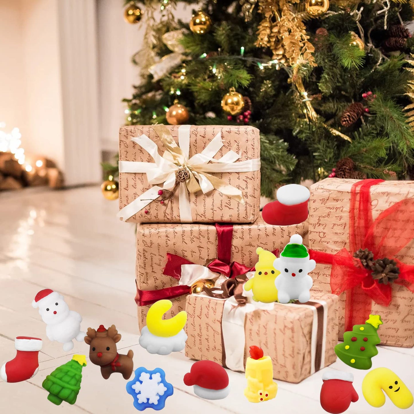 100pcs Christmas Party Favor Squishies Toys, Christmas Stocking Stuffers for Kids, Kawaii Squishy, Party Favors Mochi Squishy Toys Bulk, Xmas Gift Boys and Girls