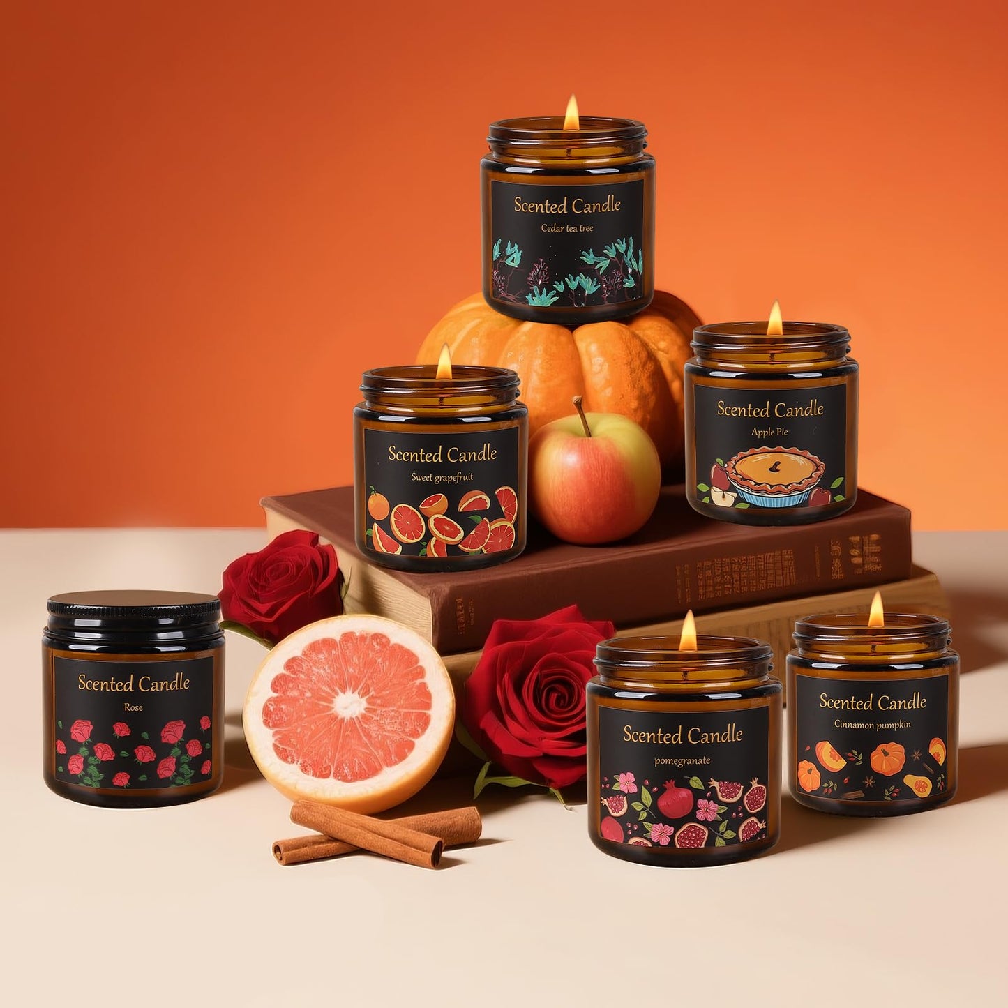 Aeraroma 6 Pack Candles for Home Scented, Aromatherapy Candles for Women Men, 21oz Natural Soy Wax Scented Candle Set, Amber Jar Candle Gifts Set for Birthday, Christmas, Valentines Day