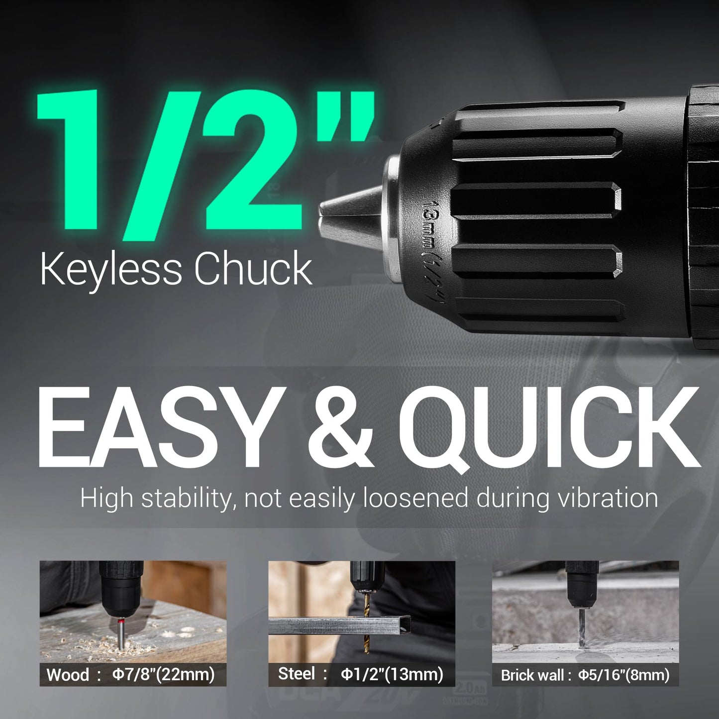 DCA 20V Cordless Hammer Drill Set, 354 In-lb Torque, 1/2" Keyless Chuck, 22500 IPM, 2 Variable Speeds, 18+1+1 Position, Power Impact drill with 14 Drill/Driver Bits for Brick, Metal, Wood ADJZ2035i13