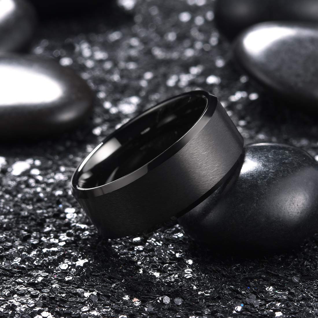King Will 9mm Men's Black Wedding Ring - Brushed Matte Surface, Beveled Polished Edge, Comfort Fit Size 9